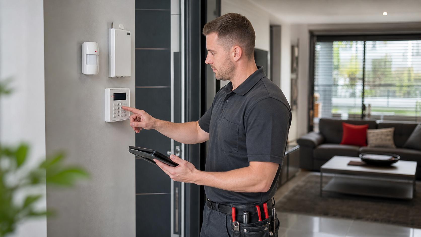 Technician testing an alarm keypad and motion detector