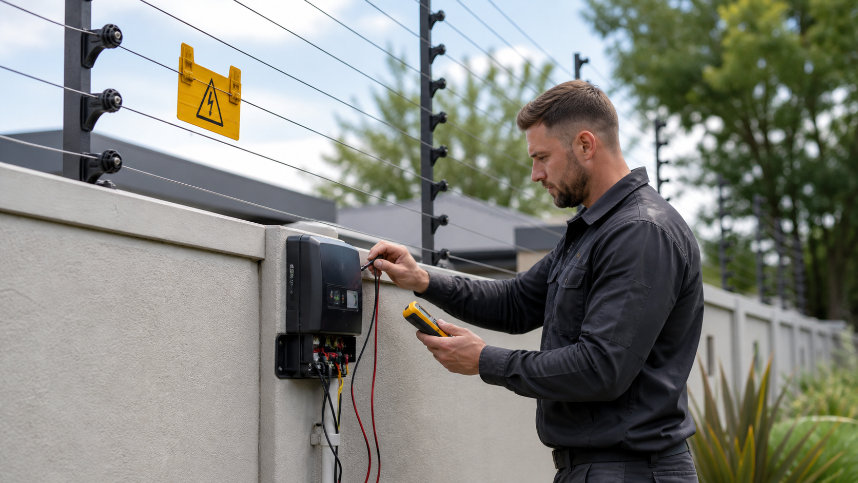 Technician testing an electric fence energizer and perimeter wires