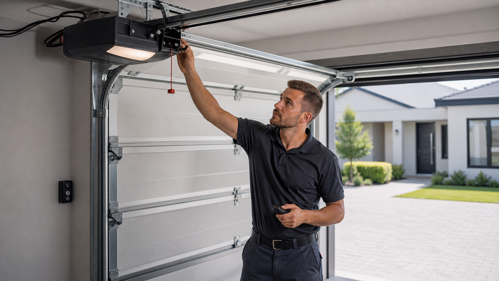Technician inspecting an automated garage door motor and track